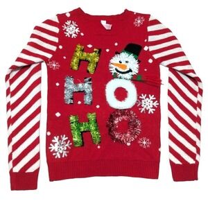 Women's‎ Christmas Sweater Size Small Soft Snowman Snowflake Garland Sequins Red